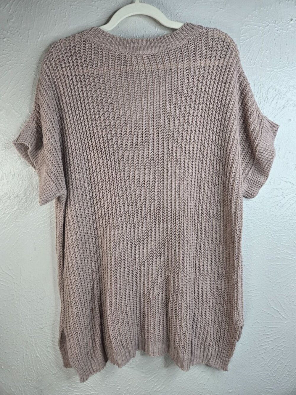 Open Knit Oversized Top Med Taupe Short Sleeve Realaxed Slouchy Cover Up Shirt - Picture 2 of 11